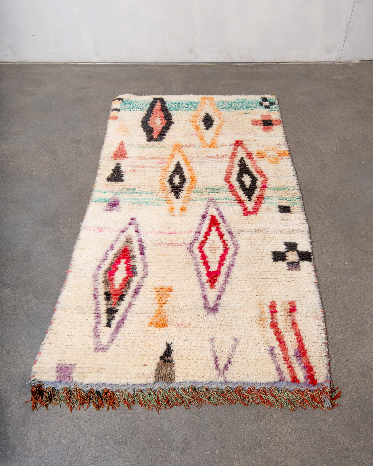 Modern, designer, handcrafted Berber runner rug from Morocco. Vintage carpet with beautiful colours and patterns and fluffy texture.